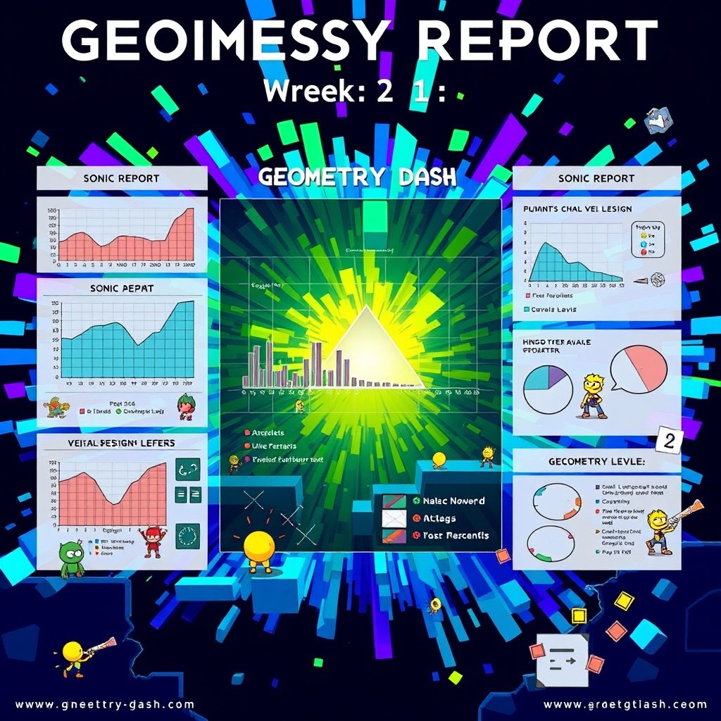 A detailed digital artwork representing the concept of a 'Progress Report' for the 'Sonic Wave' level in 'Geometry Dash' during Week 1 of development