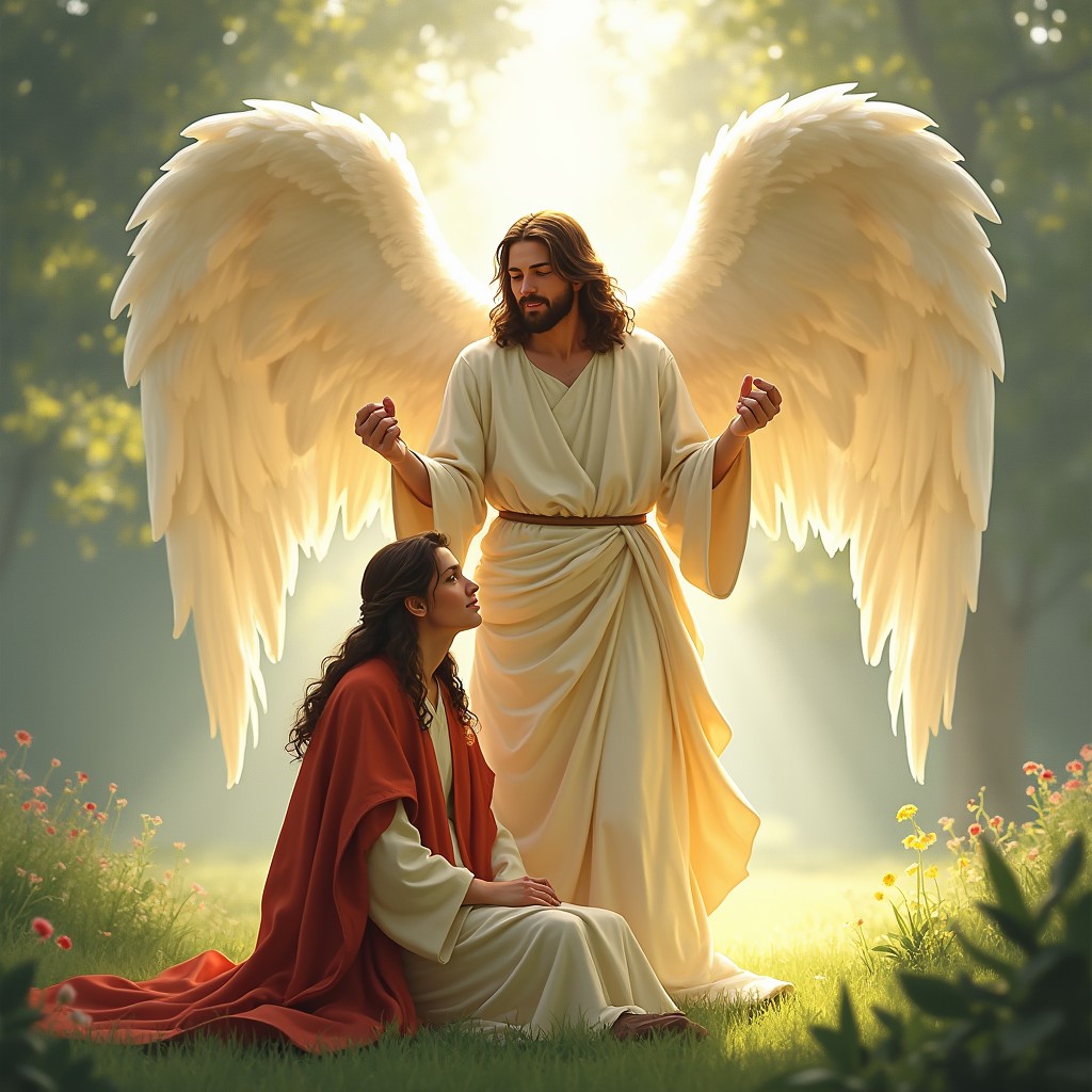 A powerful and serene illustration depicting an angel and Jesus standing protectively over a person in a vulnerable position, showcasing a profound sense of safety and divine guardianship