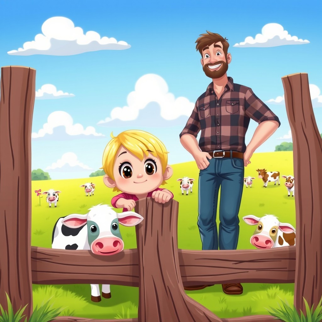 A whimsical cartoon scene featuring a little blonde girl peering over a rustic wooden gate, her wide eyes filled with wonder as she looks into a vibrant green field filled with grazing cows