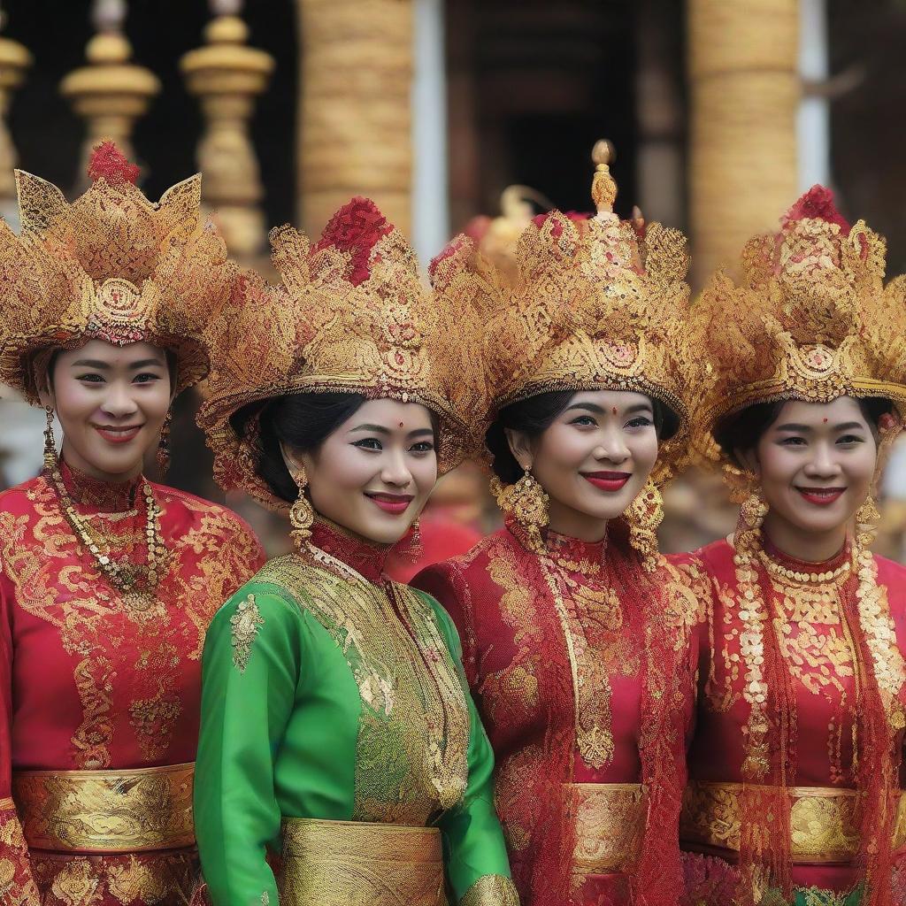 A festive celebration in Java, with locals donned in traditional attires, colorful events unfolding against the backdrop of distinctive Javanese architecture.