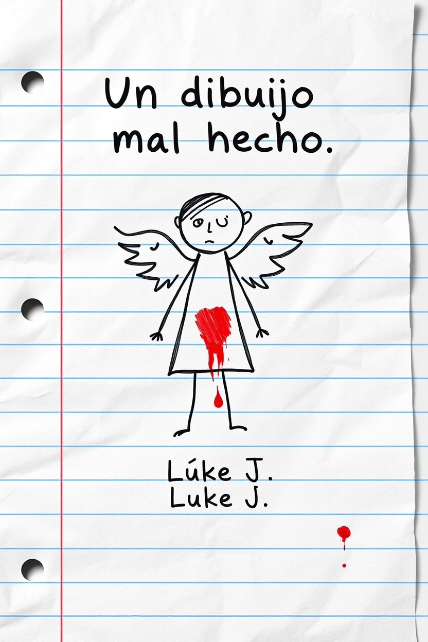 A book cover and back cover design for a fictional book titled 'Un dibujo mal hecho', featuring a child's drawing with a disturbing twist
