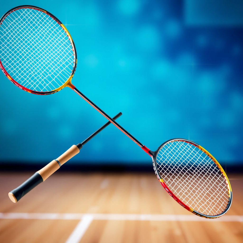 Two badminton rackets crossing one another in a dynamic and artistic composition