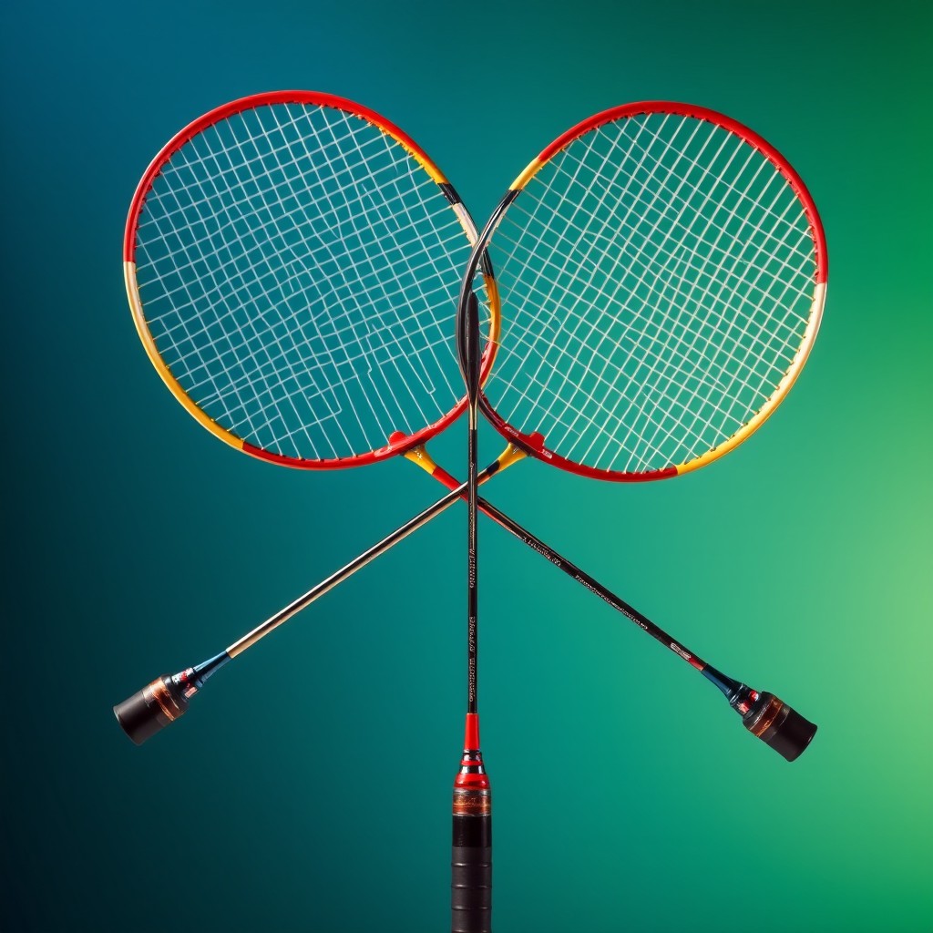 Two badminton rackets crossing one another in a striking and artistic arrangement