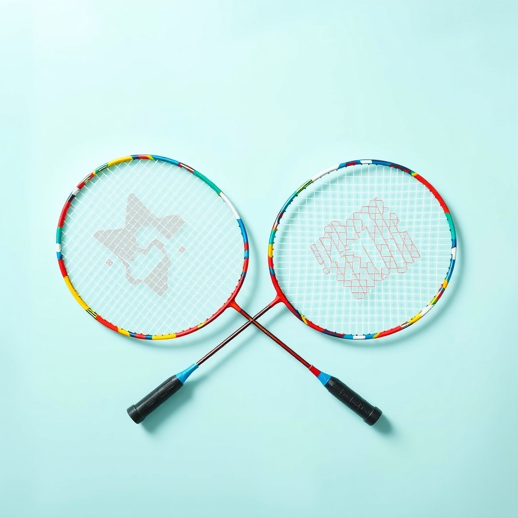 Two badminton rackets crossing one another in an engaging and visually appealing layout