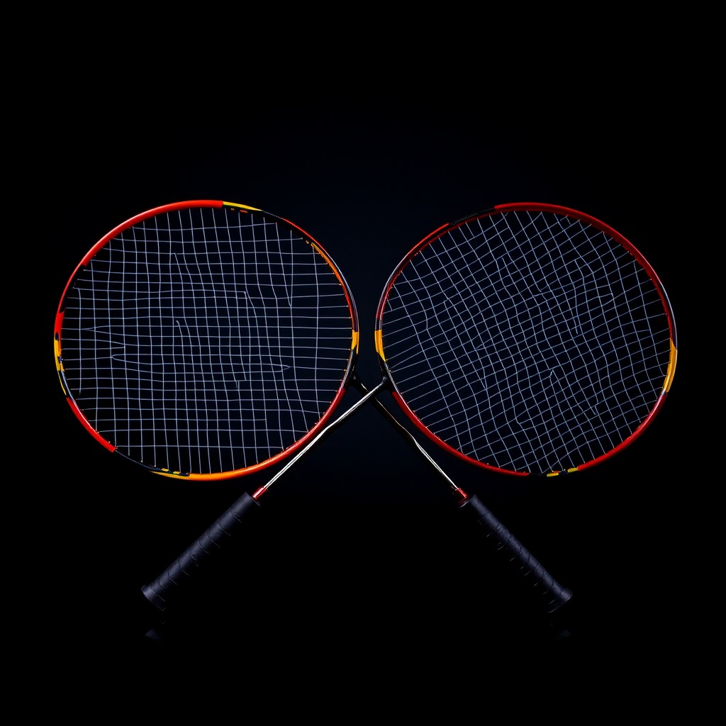 Two badminton rackets crossing one another in an artistic arrangement, featuring a dark, moody tone