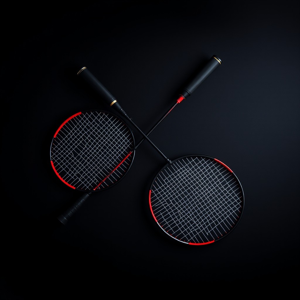 Two badminton rackets crossing one another in a dramatic and captivating layout, featuring a dark tone