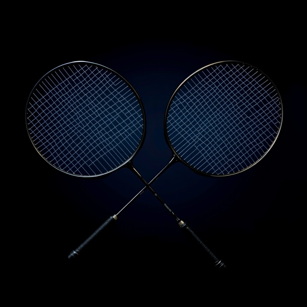 Two badminton rackets crossing one another in a dynamic and striking composition, enveloped in a dark tone