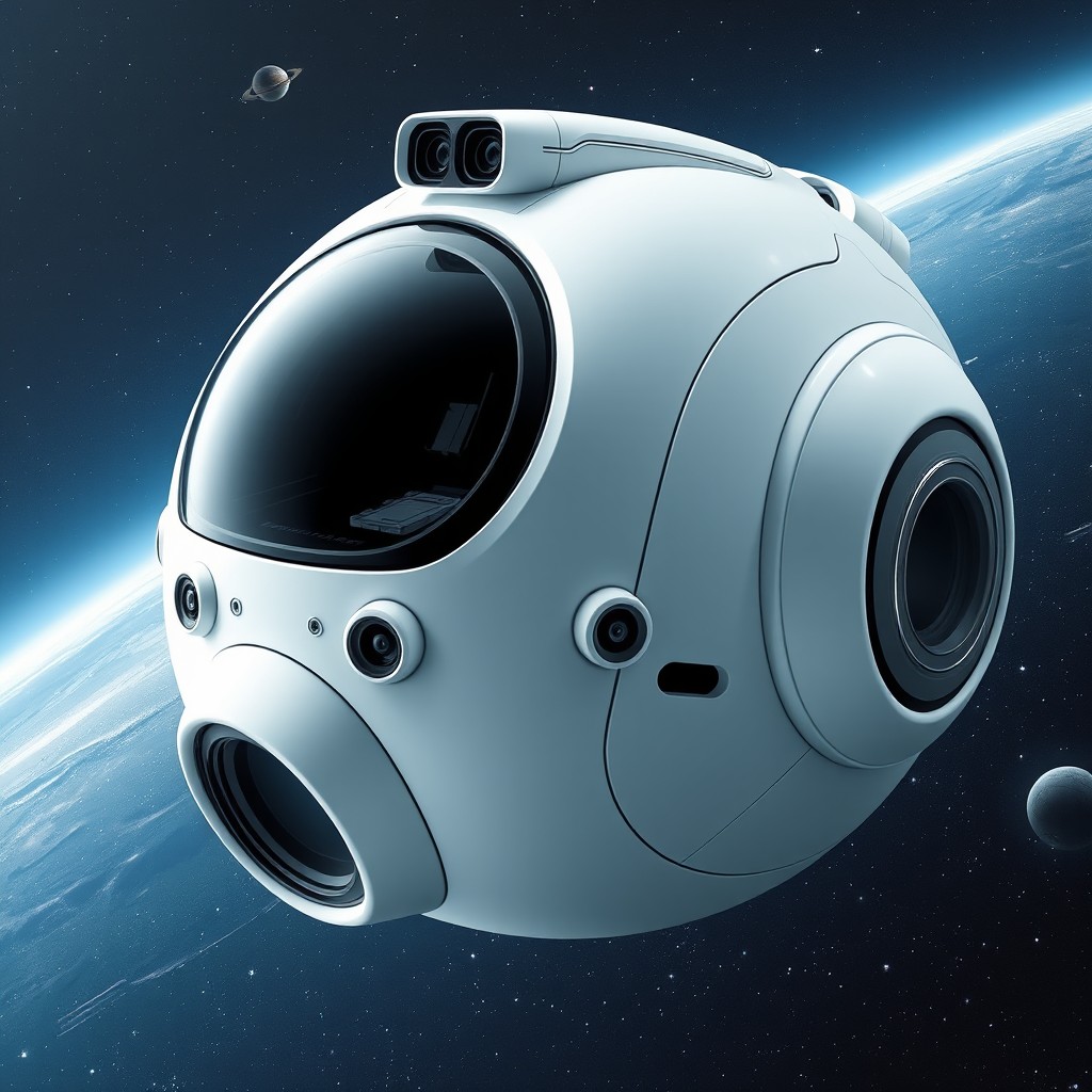 A futuristic spaceship designed like a smooth, white robot ball