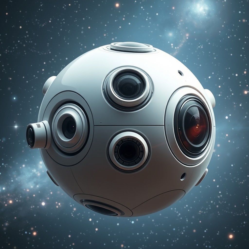 A futuristic spaceship designed in the shape of a perfect sphere, colored in pristine white