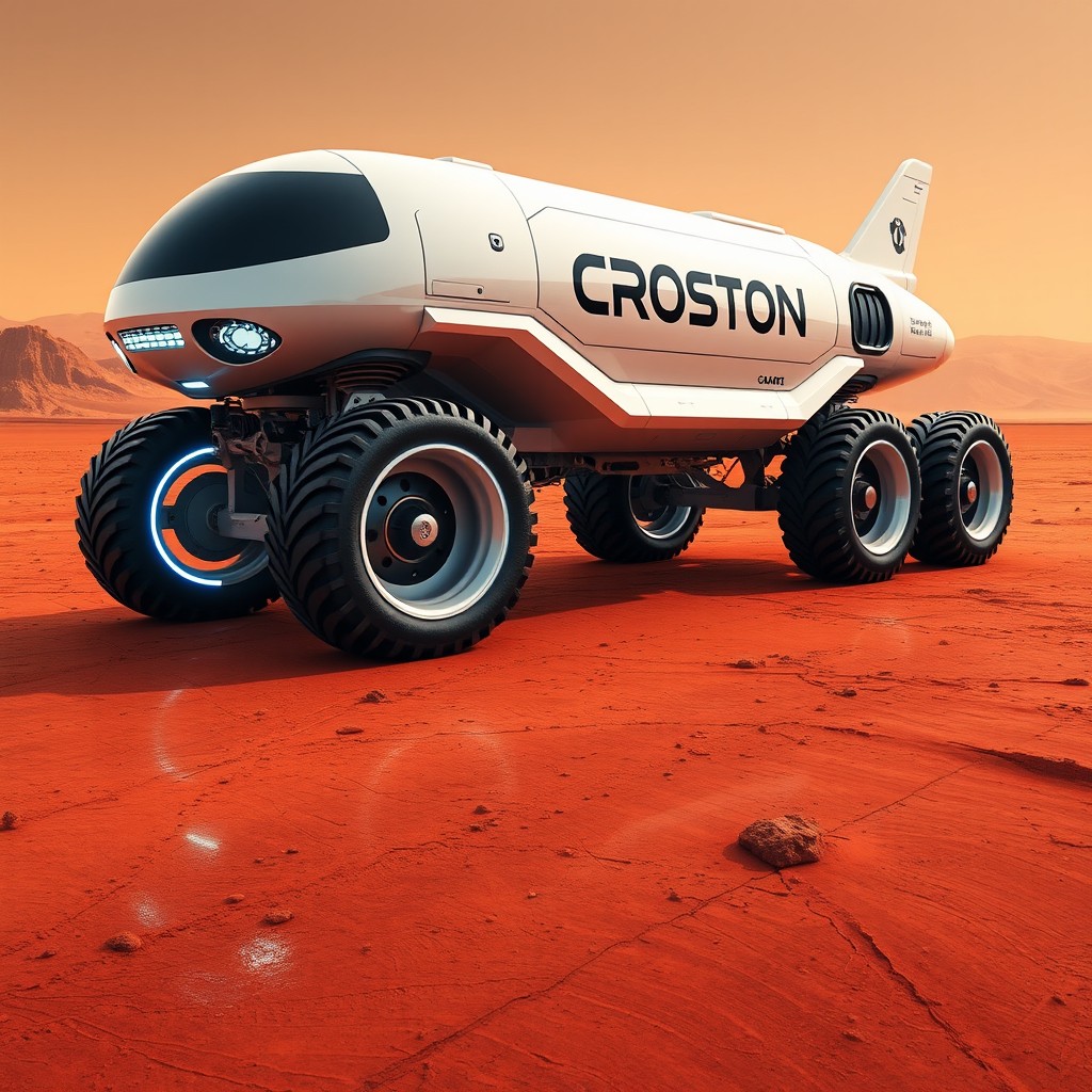 A futuristic giant vehicle designed to look like a space shuttle on Mars, featuring 18 wheels