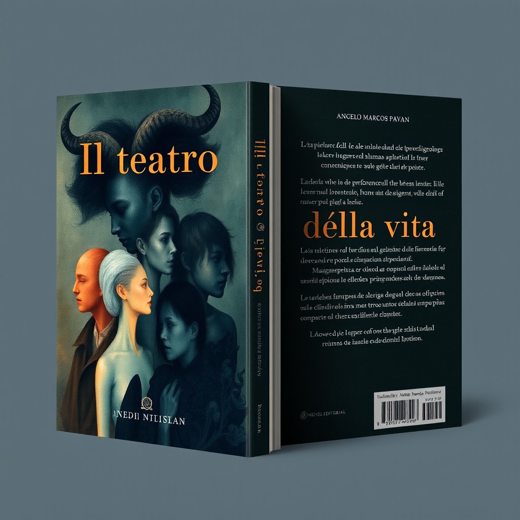 A captivating book cover and back cover for a poetry book titled 'Ill teatro della vita' by 'Angelo Marcos Pavan', published by 'Novelo Editorial'
