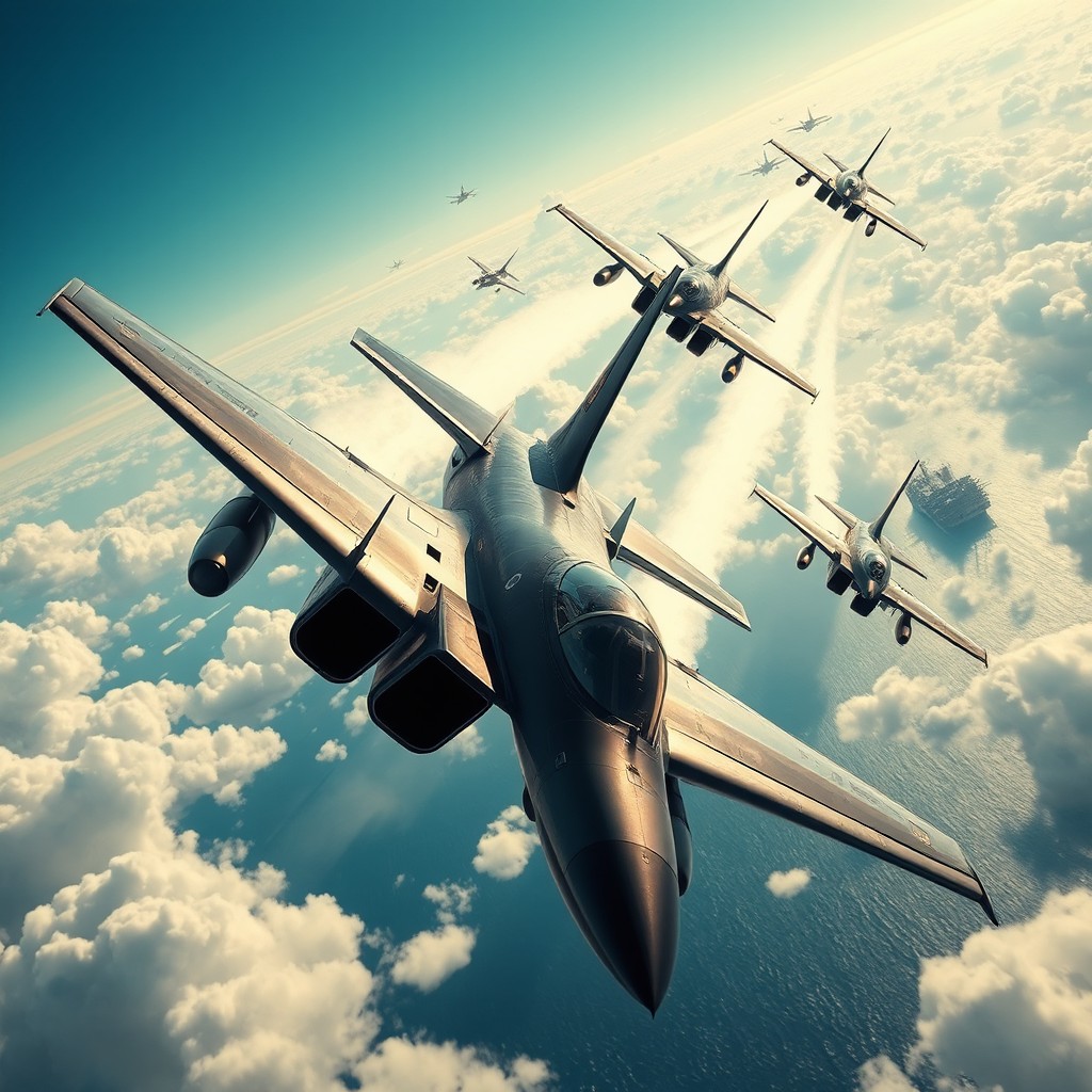 A dynamic and dramatic scene inspired by aerial combat, featuring fighter jets soaring through a bright blue sky with fluffy clouds, creating thrilling contrails
