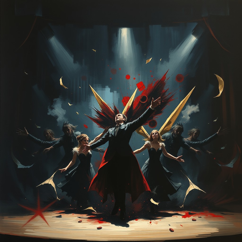 A dramatic theater scene where the stage appears to break through the confines of traditional art