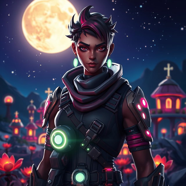 A stunning portrayal of a character inspired by Fortnite, featuring a deep, dark night rose color theme
