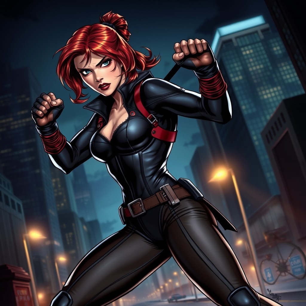 A fierce and powerful depiction of Black Widow from Marvel Comics, showing her in a dynamic action pose