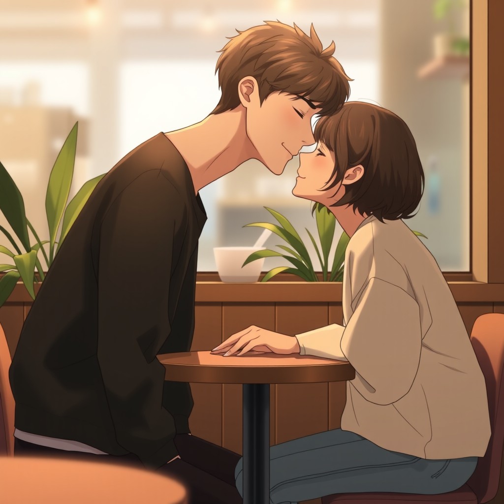 An intimate scene in a cozy cafe, Soobin from TXT, a charming young man with gentle features and soft hair, leans down to kiss you on the forehead with a sweet smile