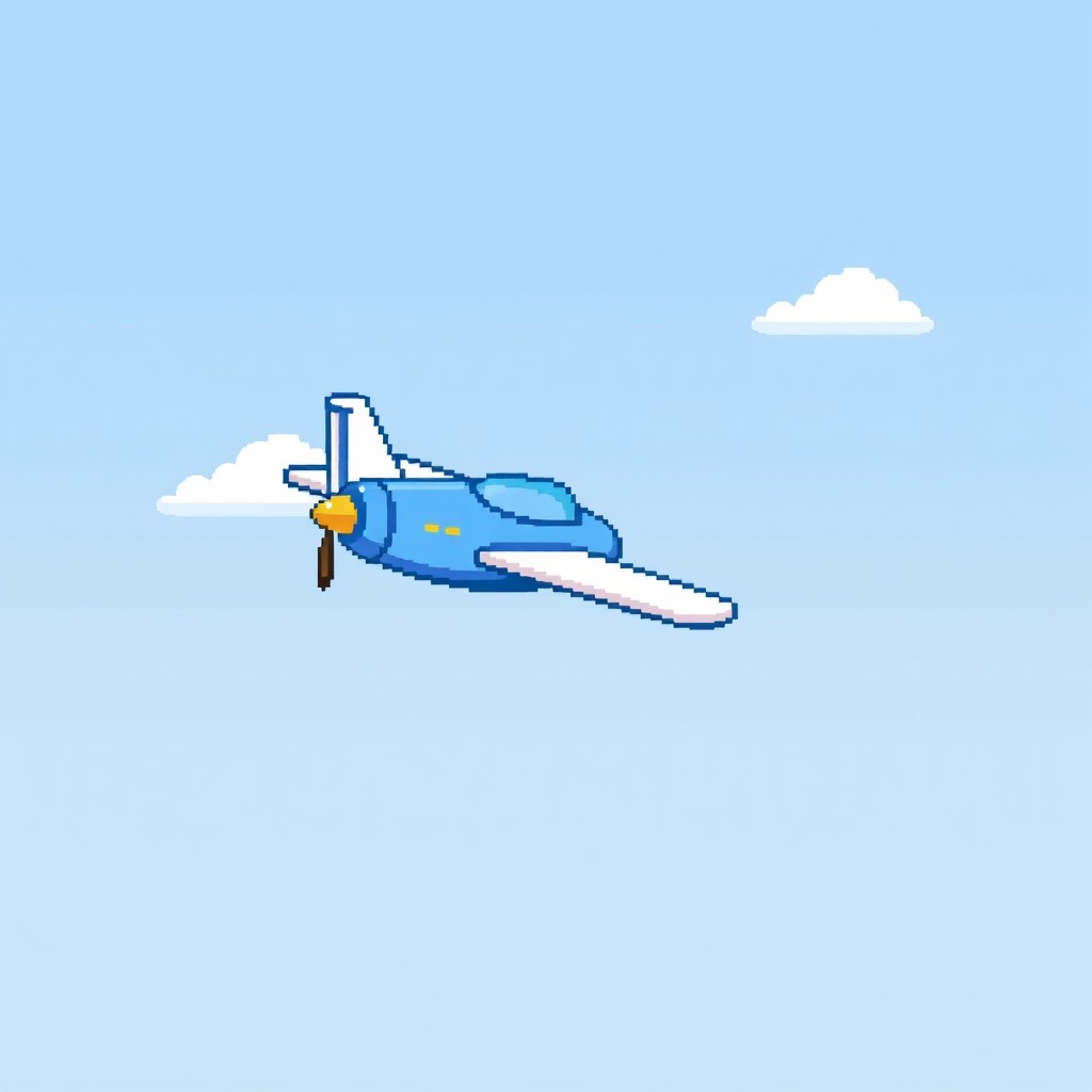 A pixel art image of a small airplane, designed with a limited palette and a grid of 32x24 pixels