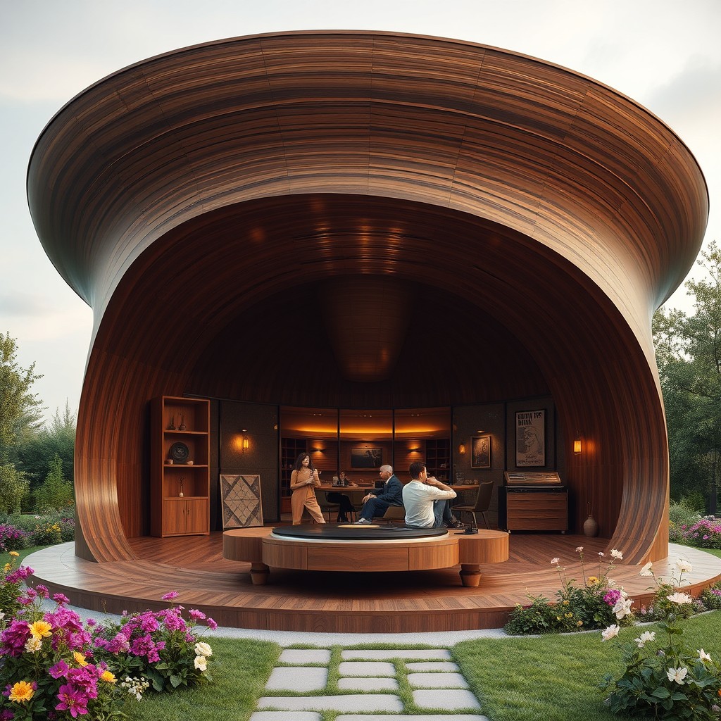 A stunning pavilion inspired by a vintage record player, featuring curved wooden elements that mimic the shape of a turntable and elegant, flowing lines reminiscent of the tonearm