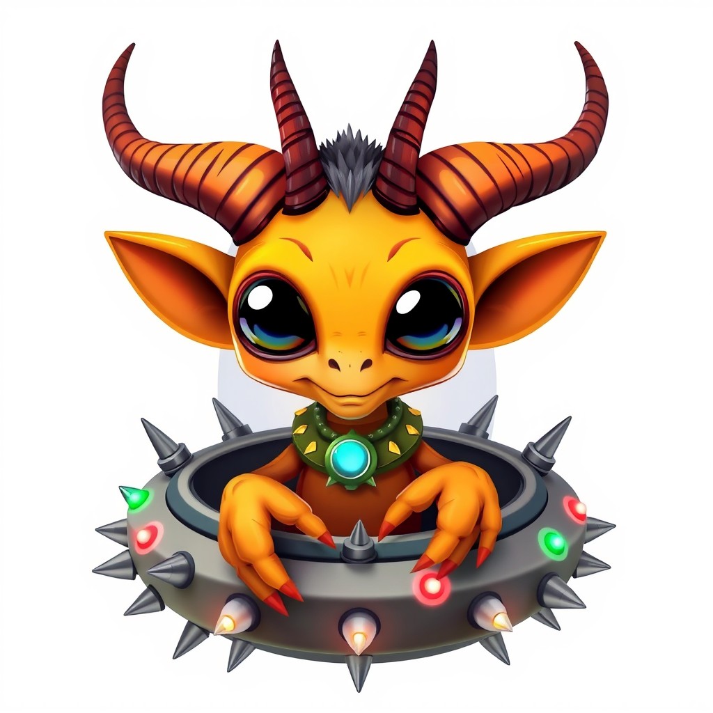 A cartoon orange alien with a goat-like head, enormous compound bee eyes, monkey ears, and devil's horns