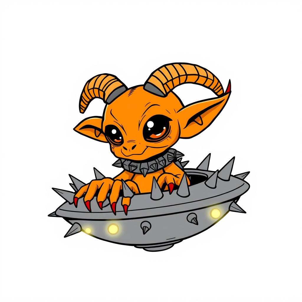 A line art illustration of a cartoon orange alien characterized by a goat-like head, enormous compound, wasp-like eyes, monkey ears, and devil's horns