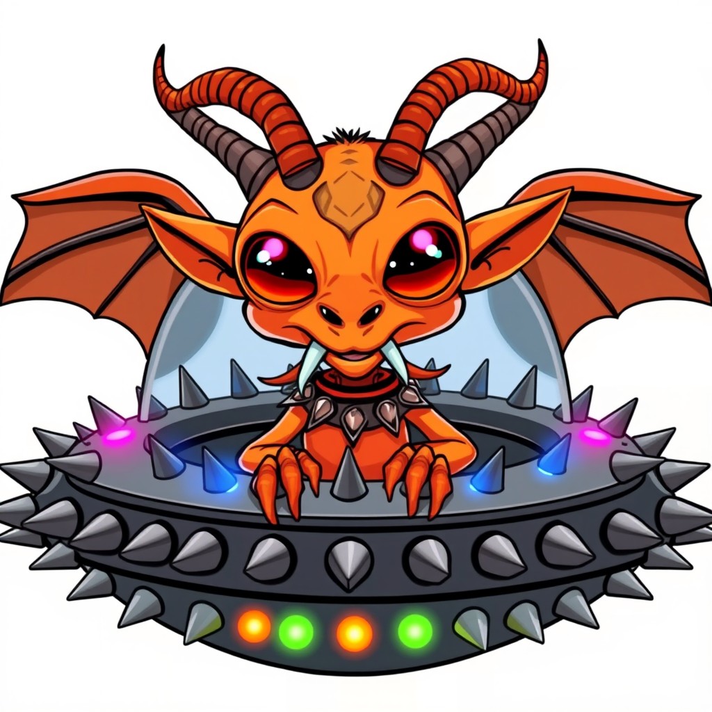 A cartoon orange alien with a goat-like head, featuring enormous compound wasp-like eyes and monkey ears