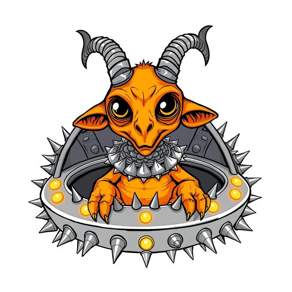 A cartoon orange alien with a goat-like head, enormous compound wasp-like eyes, monkey ears, and devil's horns