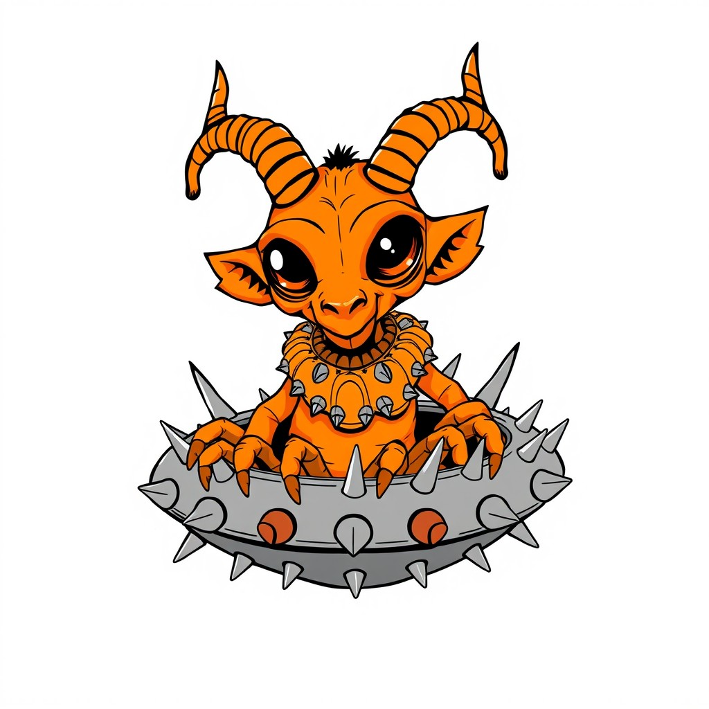A line art illustration of a cartoon orange alien featuring a goat-like head, enormous compound wasp-like eyes, monkey ears, and devil's horns