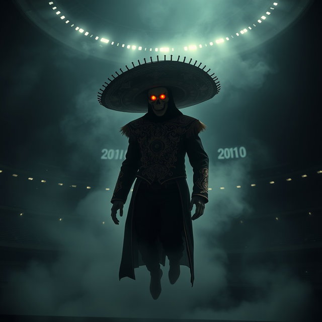A terrifying ghostly charro wearing a traditional black Mexican suit with intricate golden embroidery, floating inside an empty, dark stadium at night (Estadio Azteca)