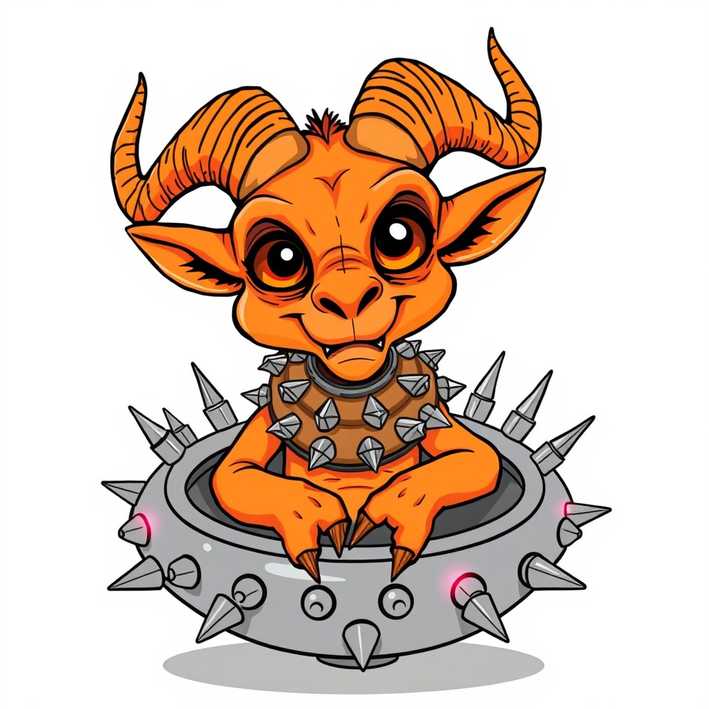 A detailed line art illustration of a cartoon alien characterized by an orange hue, featuring a goat-like head with enormous, exaggerated eyes, monkey ears, and prominent devil’s horns