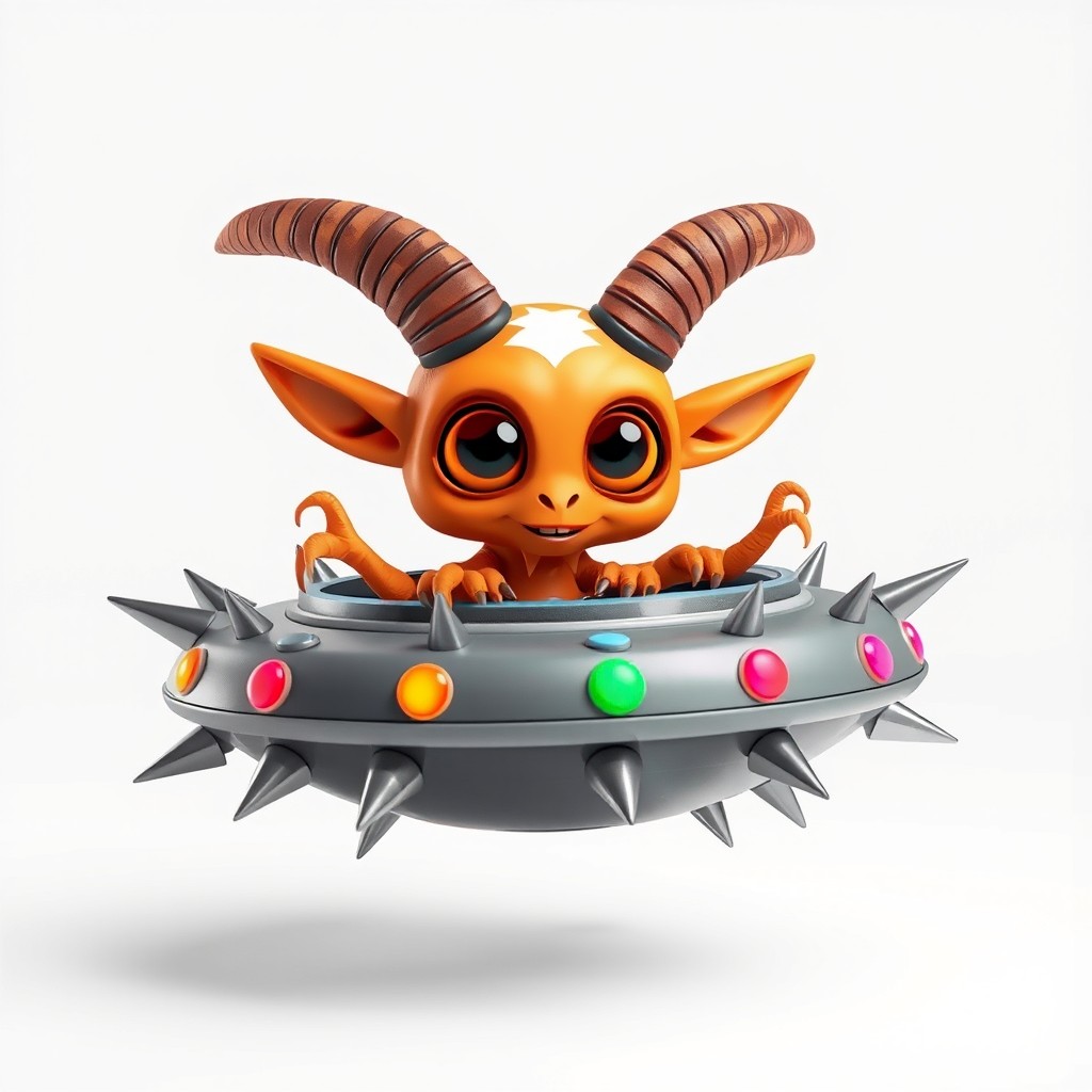 A cartoon orange alien with a goat-like head featuring enormous eyes, monkey-like ears, and distinctive devil's horns