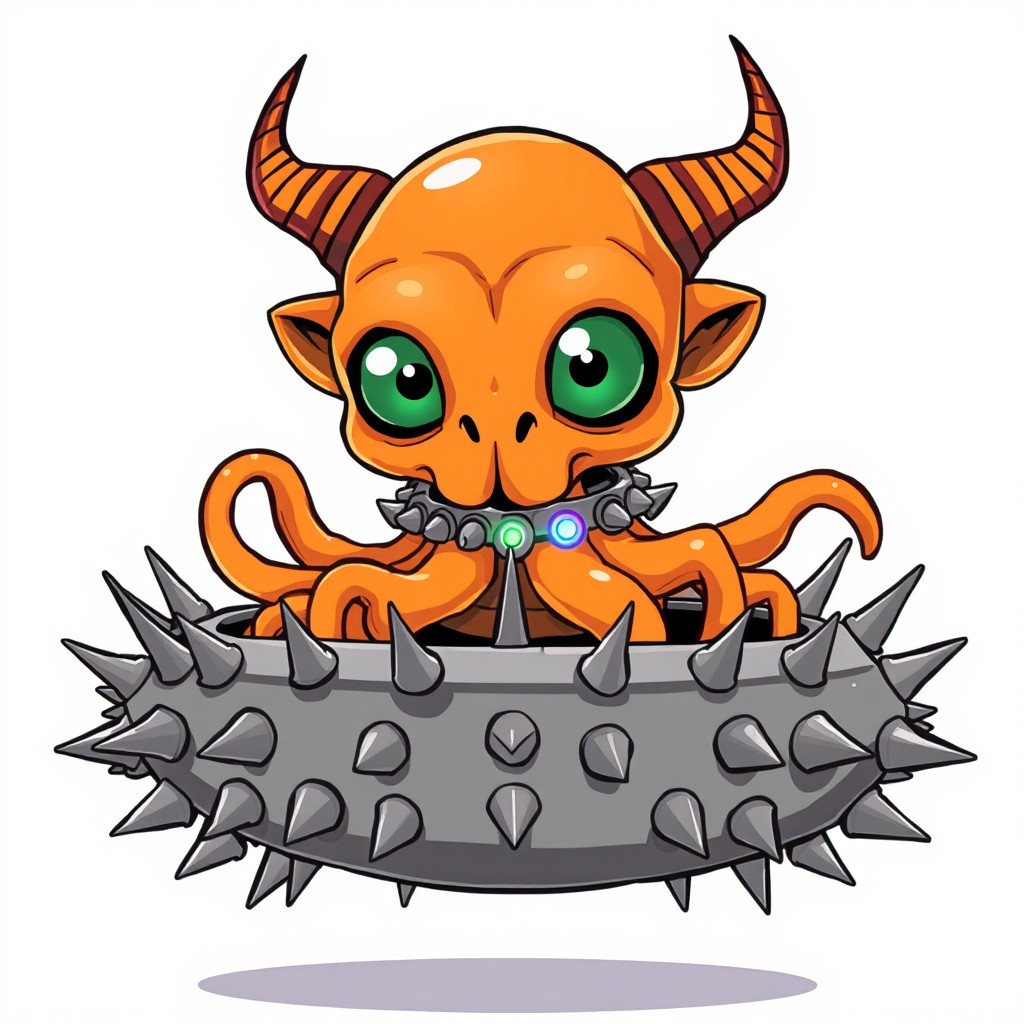 A cartoon illustration of a whimsical orange alien with a squid-like head featuring enormous eyes, monkey ears, and devil's horns