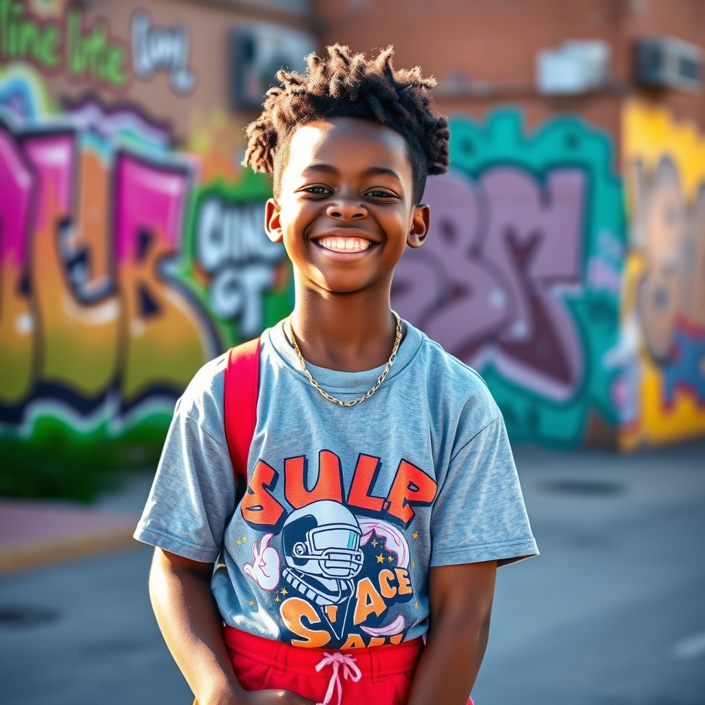 A portrait of a joyful, confident black teenager boy, showcasing his individuality and style