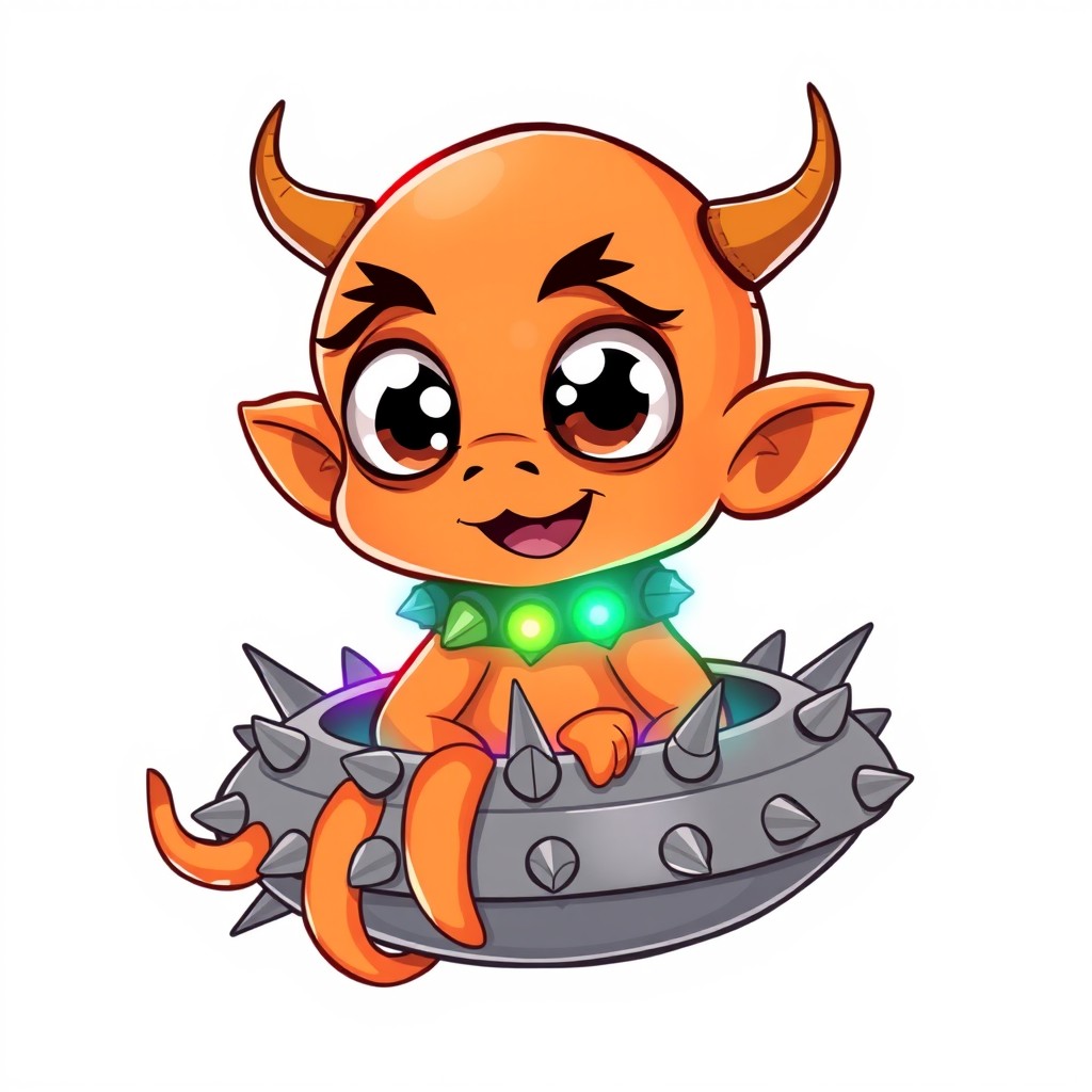 A cartoon-style illustration of an adorable orange alien character with a squid-like head, featuring enormous expressive eyes, playful monkey ears, and mischievous devil's horns