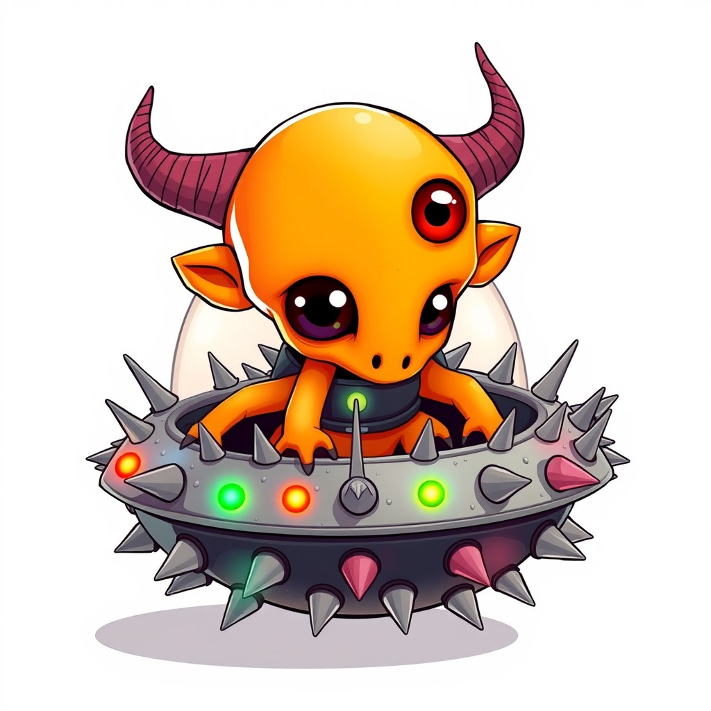 A cartoon orange alien with a squid-like head, enormous googly eyes, monkey ears, and devil's horns, having five tentacles and two antennas