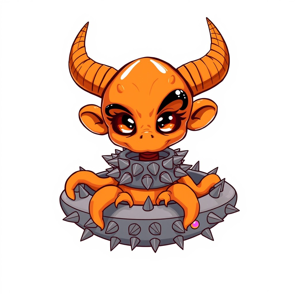 A cartoon illustration of a whimsical orange alien with a squid-like head featuring enormous, expressive eyes, and monkey-like ears topped with devil's horns