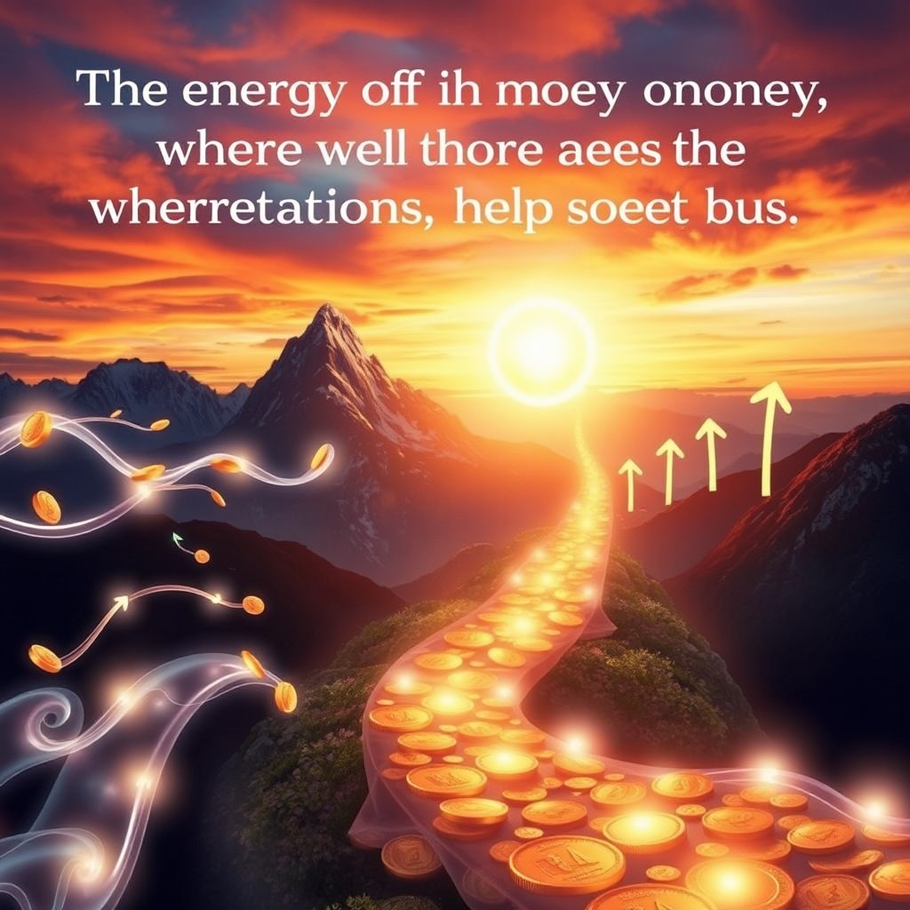 An inspiring and motivational artwork illustrating the phrase 'The energy of money flows where there is appreciation, clarity, and direction