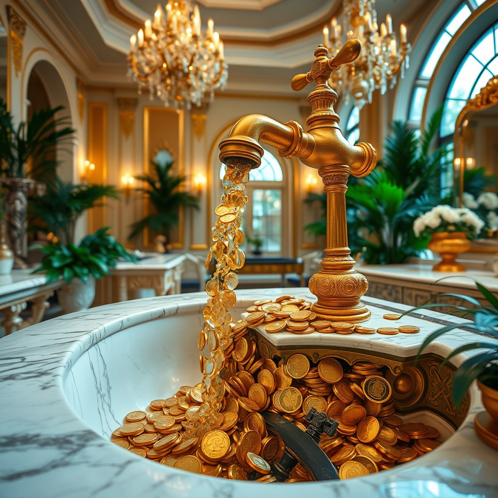 A luxurious scene featuring a golden faucet lavishly pouring out streams of sparkling gold coins, which are cascading into an opulent sink within a grand mansion