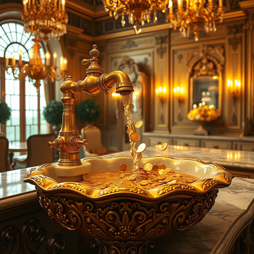 A luxurious scene depicting a golden faucet pouring a continuous stream of shimmering gold coins into an extravagant sink within a lavish mansion