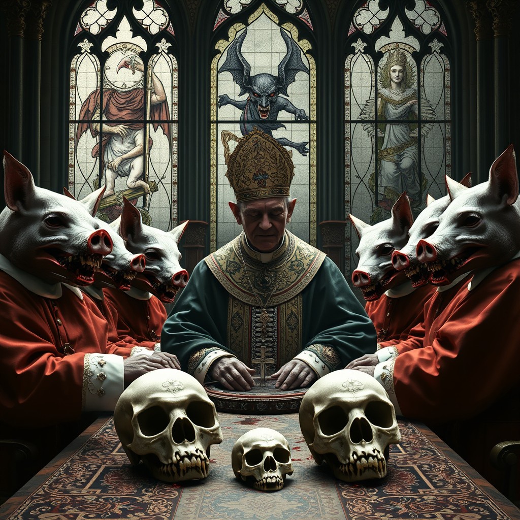 A hyper-realistic image of a Pope dressed in ceremonial garments surrounded by cardinals, all grotesquely depicted with pig heads