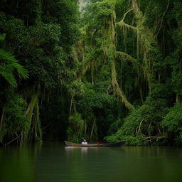 A lone adventurer in a small boat navigating the serene river through the heart of a vibrant, lush jungle