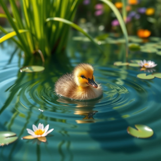 A charming little duckling swimming in a tranquil lagoon adorned with lush green reeds and delicate water lilies