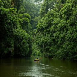 A lone adventurer in a small boat navigating the serene river through the heart of a vibrant, lush jungle