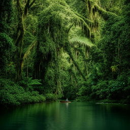 A lone adventurer in a small boat navigating the serene river through the heart of a vibrant, lush jungle