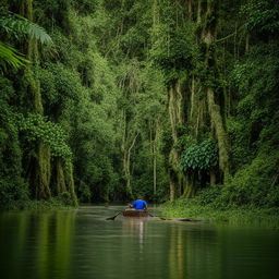 A lone adventurer in a small boat navigating the serene river through the heart of a vibrant, lush jungle