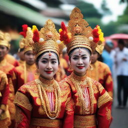 A traditional celebration in Jogja, vibrant with colors and cultural symbols, featuring folk dances, food, and the locals dressed in their finest traditional clothing.