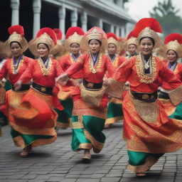 A traditional celebration in Jogja, vibrant with colors and cultural symbols, featuring folk dances, food, and the locals dressed in their finest traditional clothing.