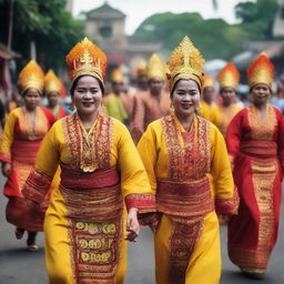 A traditional celebration in Jogja, vibrant with colors and cultural symbols, featuring folk dances, food, and the locals dressed in their finest traditional clothing.