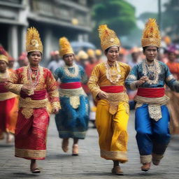 A traditional celebration in Jogja, vibrant with colors and cultural symbols, featuring folk dances, food, and the locals dressed in their finest traditional clothing.