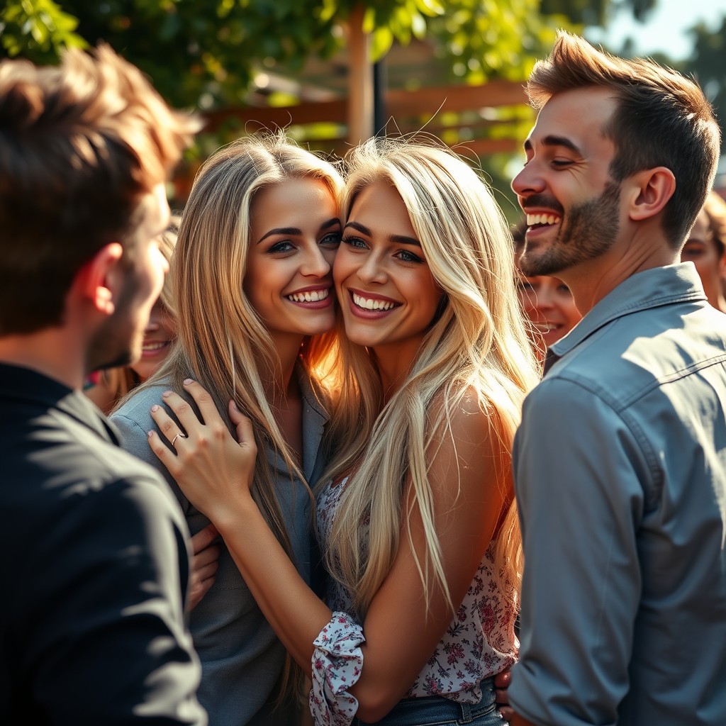 A stunning blonde woman with long, flowing hair and captivating blue eyes, joyfully greeting a handsome man with affectionate kisses on the cheek