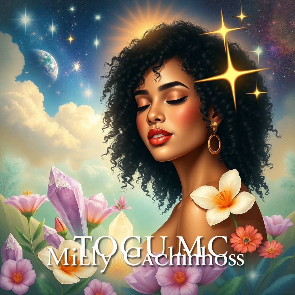 A square album cover design for the song 'Milly Cachinhos' by Togu MC, featuring a central character, a light-skinned woman named Emily with beautiful curly black hair
